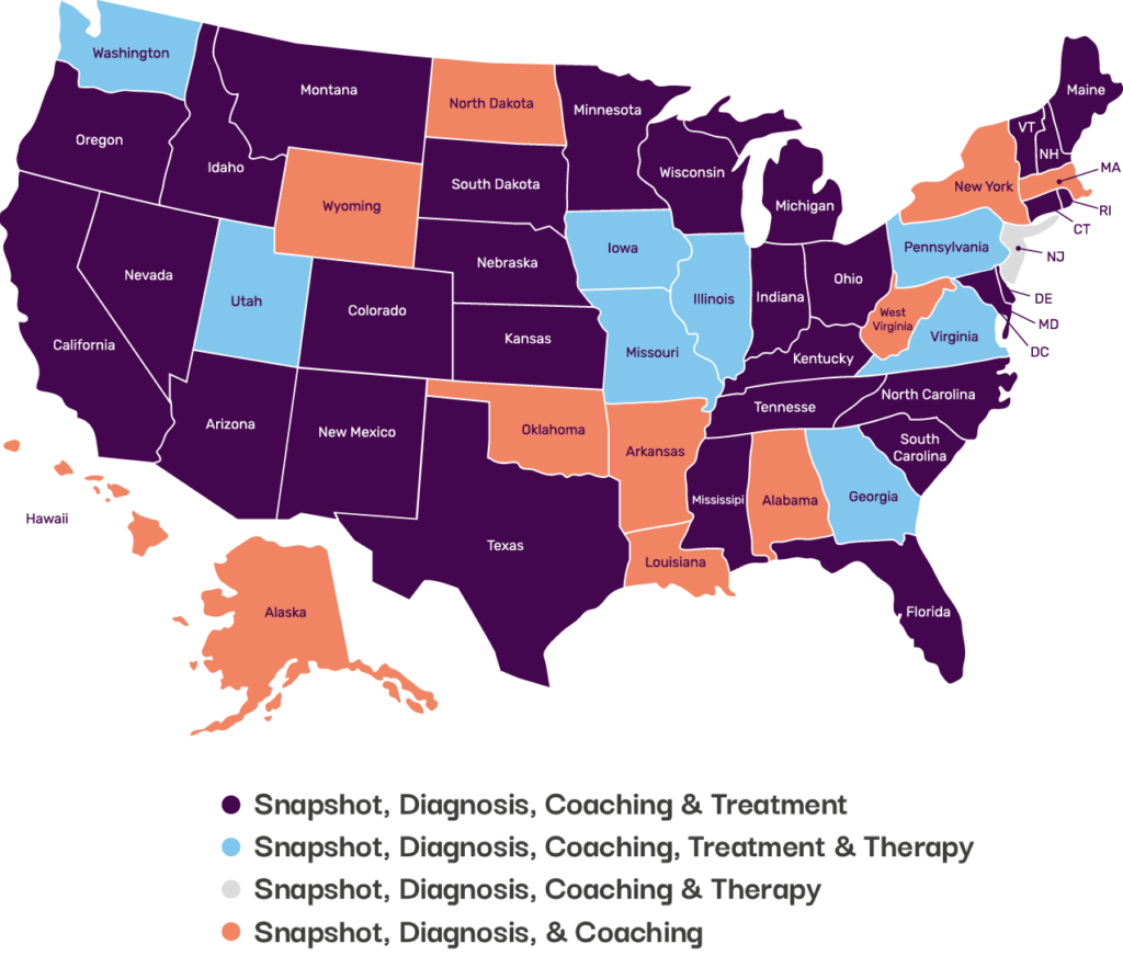 a color coded map showing what services are available in every US state