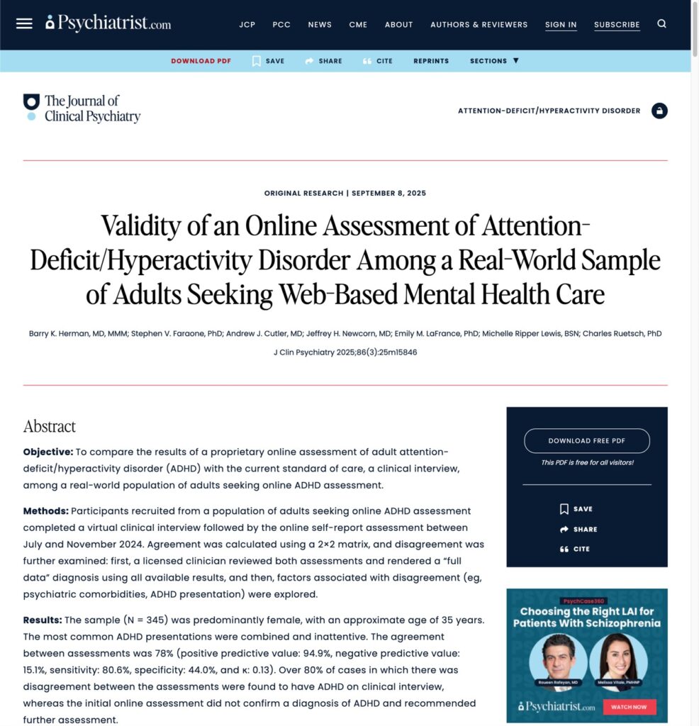 article validity online adhd assessment real world sample adults seeking web based mental healthcare